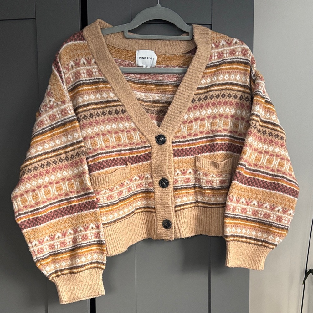 Pink Rose Multicolor Fair Isle Cropped Cardigan Sweater